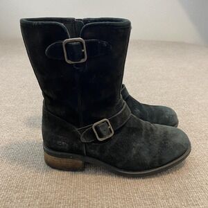 UGG Boots Womens Size 8 Black Suede Shearling Lined Mid Calf Biker 1006042